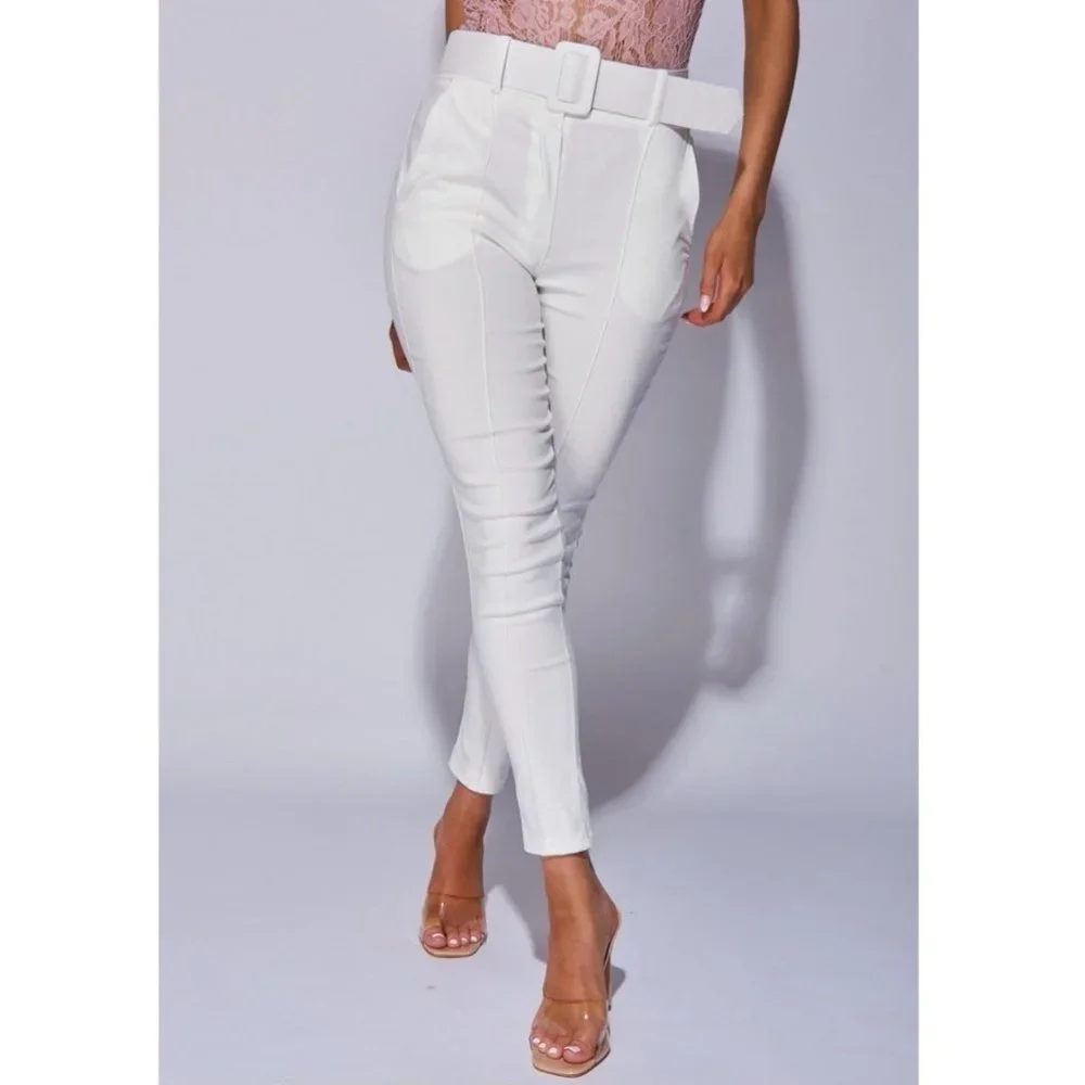 White High Waist Buckle Belt Tapered Cropped Straight Leg Ankle Pants - Picture 10 of 14